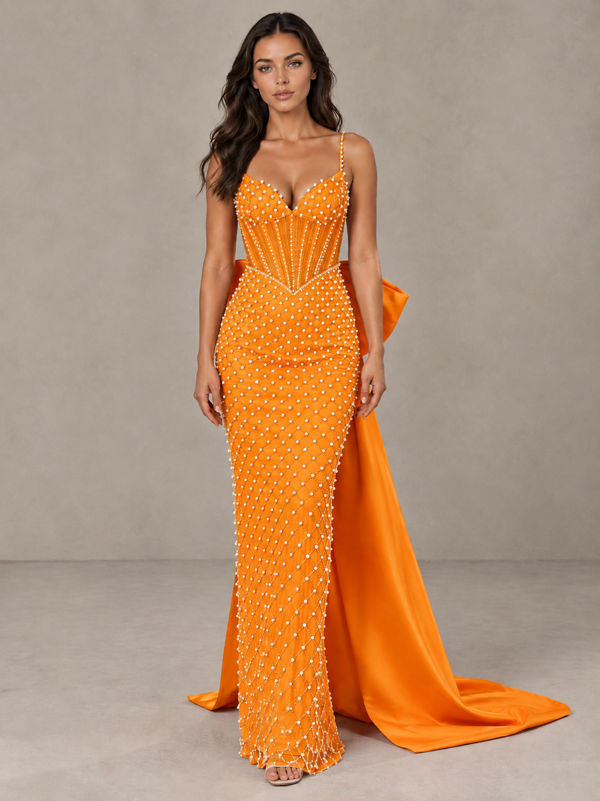 BOLODOO Orange Beaded Corset Prom Dress with Bow Train - Orange - Orange_1