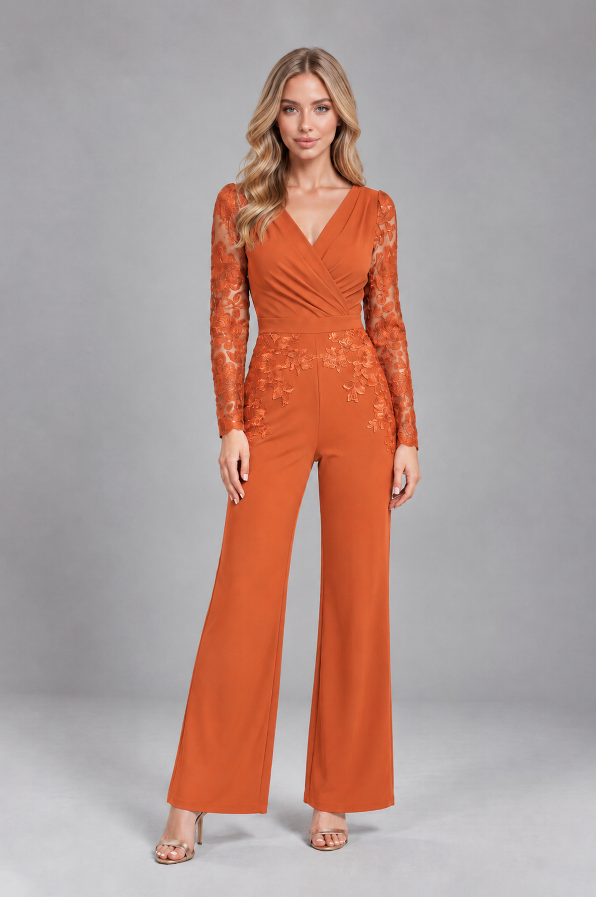 BOLODOO Orange Lace Long-Sleeve V-Neck Mother Pant Suit - Orange - Orange_1