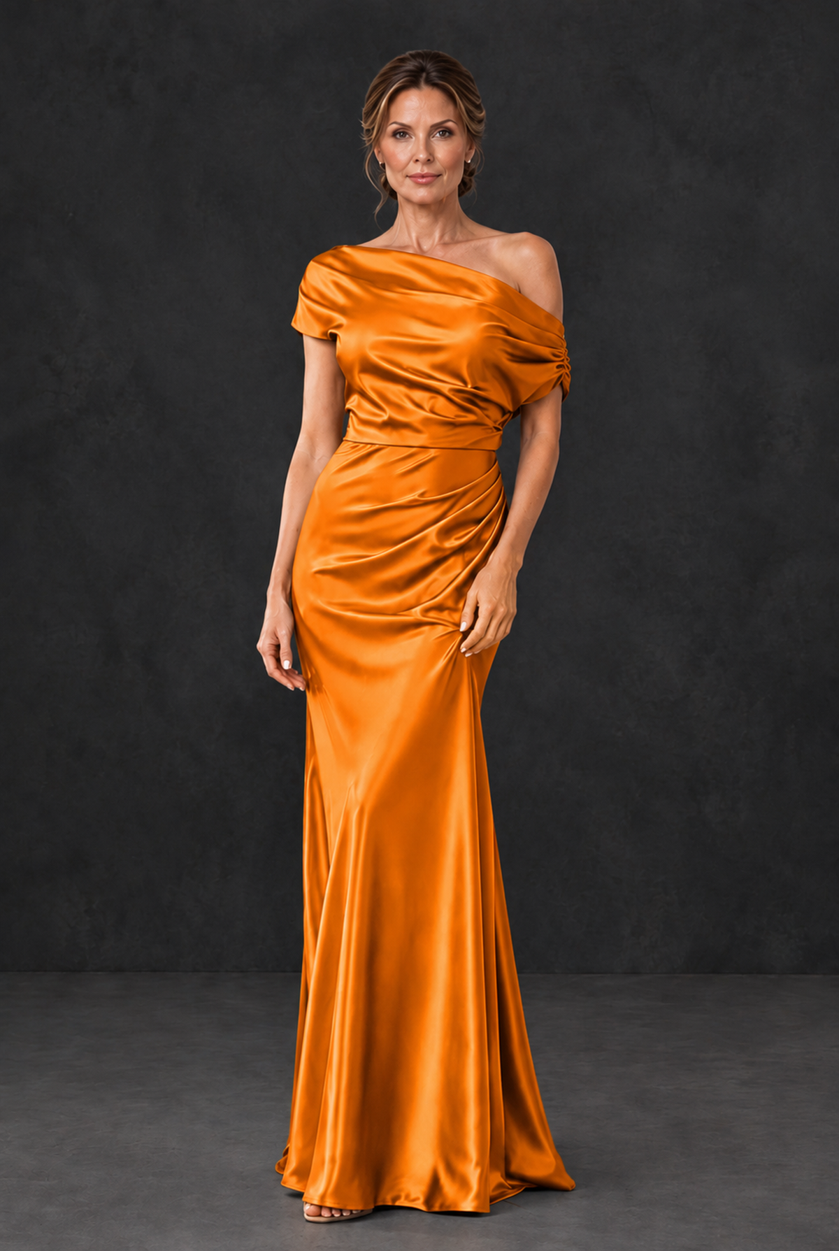 BOLODOO Orange Asymmetric Ruched Mother of the Bride Dress - Orange - Orange_1