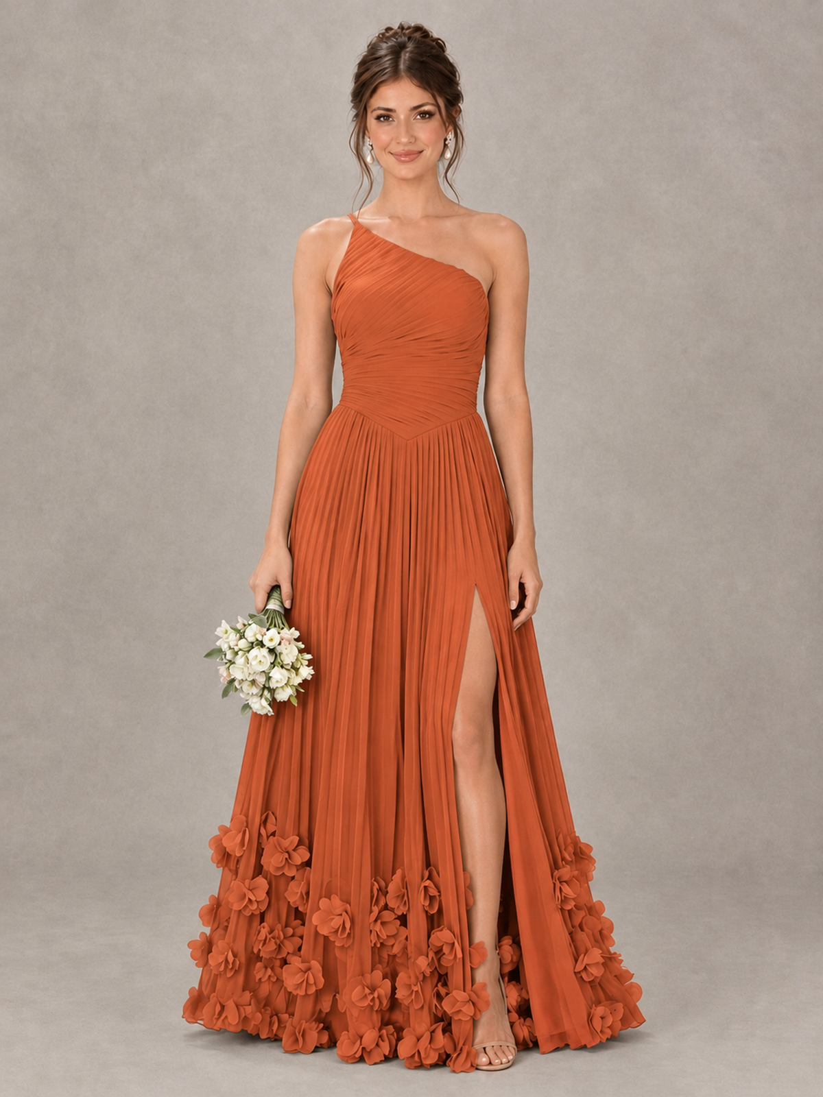 BOLODOO Orange One-Shoulder Pleated Bridesmaid Dress with 3D Floral Hem - Orange - Orange_1