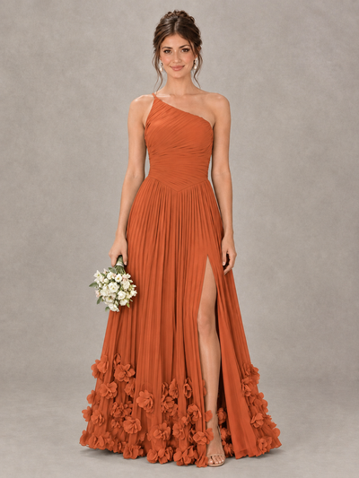 BOLODOO Orange One-Shoulder Pleated Bridesmaid Dress with 3D Floral Hem - Orange - Orange_1