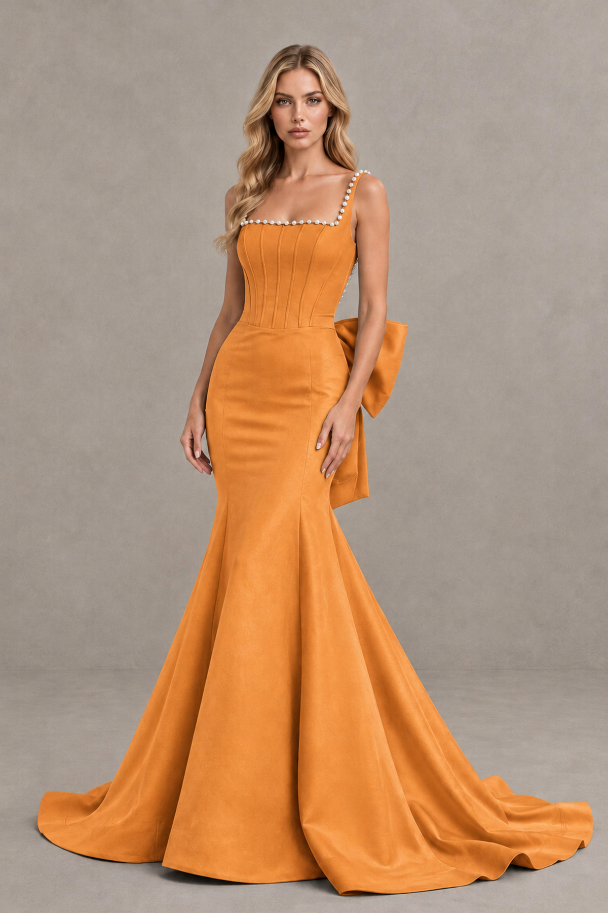 BOLODOO Orange Pearl-Trim Mermaid Prom Dress with Back Bow - Orange - Orange_1