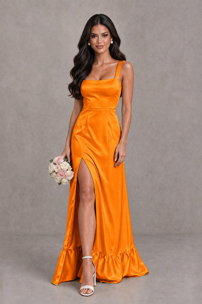 BOLODOO Orange Square Neck Satin Evening Dress with Lace-Up Back and High Slit - Orange - Orange_1