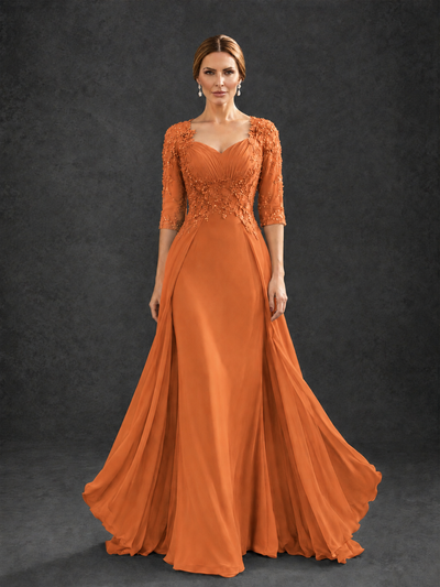BOLODOO Orange Sweetheart Neck 3/4 Sleeve Floral Lace Illusion Bodice Chiffon A-Line Gown - Orange - Orange_1