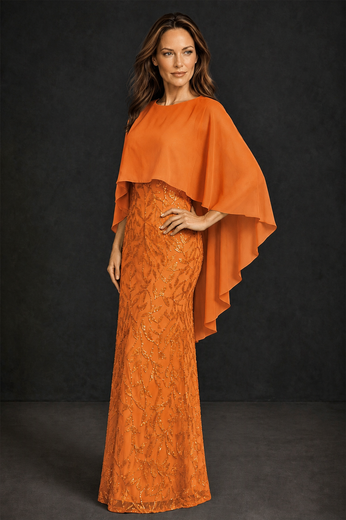 BOLODOO Orange Round Neck Chiffon Cape Overlay Sequin Lace Mermaid Maxi Dress - Orange - Orange_1