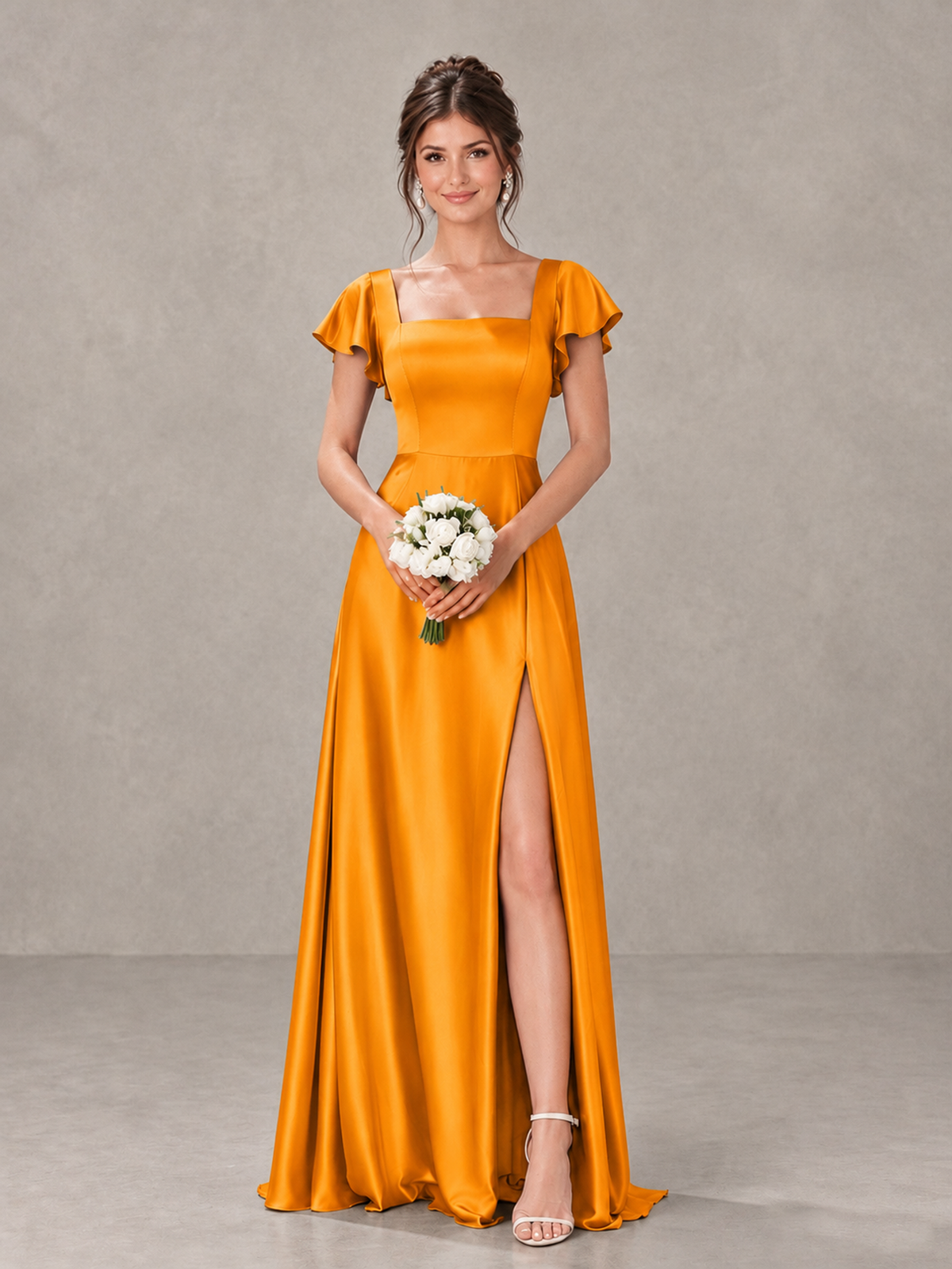 BOLODOO Orange Satin Square Neck Flutter Sleeve A-Line Bridesmaid Dress with Slit - Orange - Orange_1