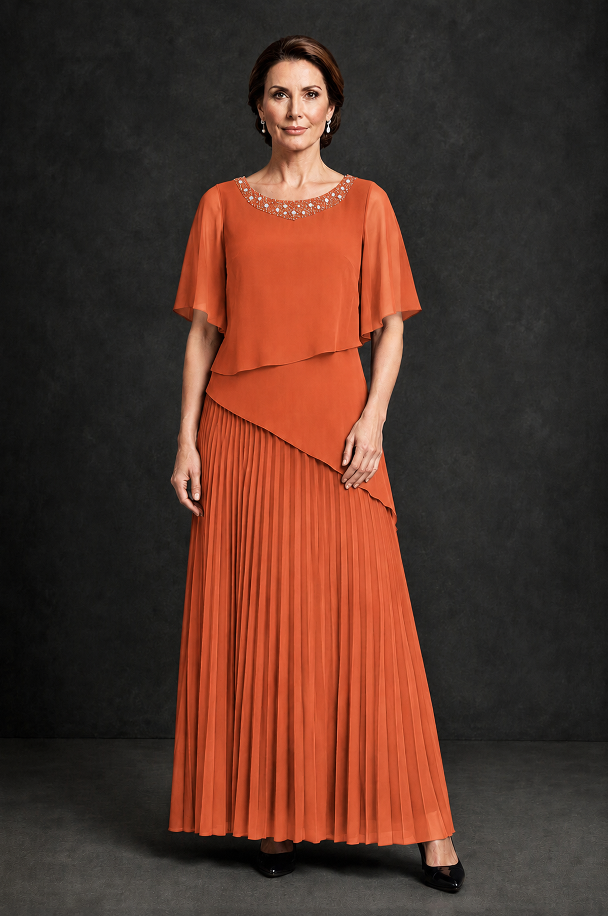 BOLODOO Orange Pearl Beaded Neck Asymmetric Tiered Flutter Sleeve Pleated Chiffon Maxi Dress - Orange - Orange_1