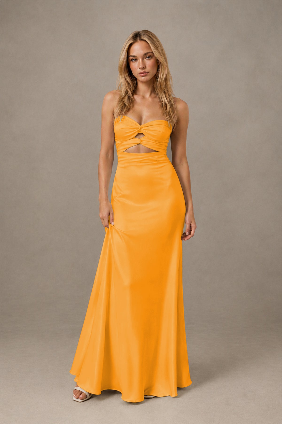 BOLODOO Orange Sweetheart Strapless Twist Knot Cutout Lace-Up Back Satin Mermaid Maxi Dress - Orange - Orange(1)