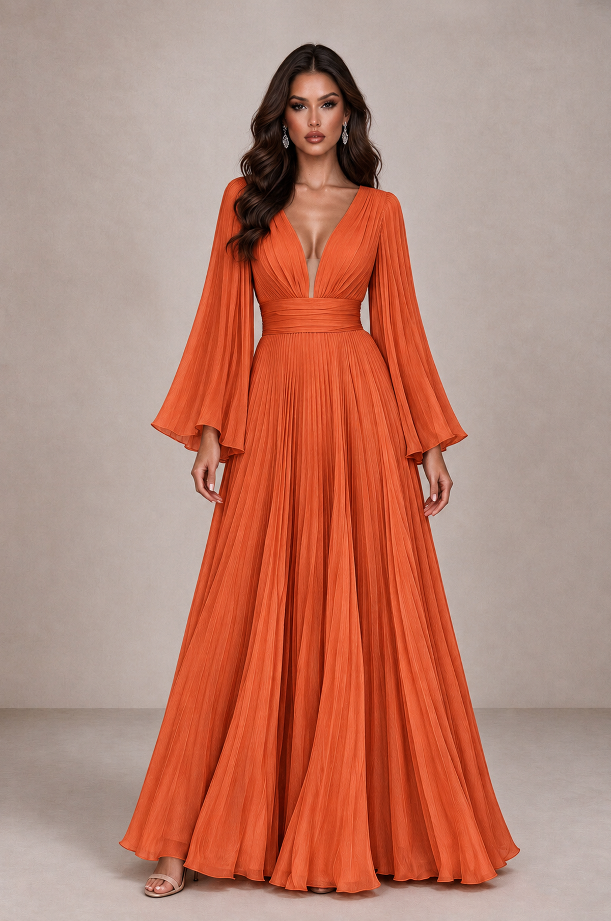 BOLODOO Orange Pleated Deep V-Neck Long Bell Sleeve Evening Dress - Orange - Orange_1