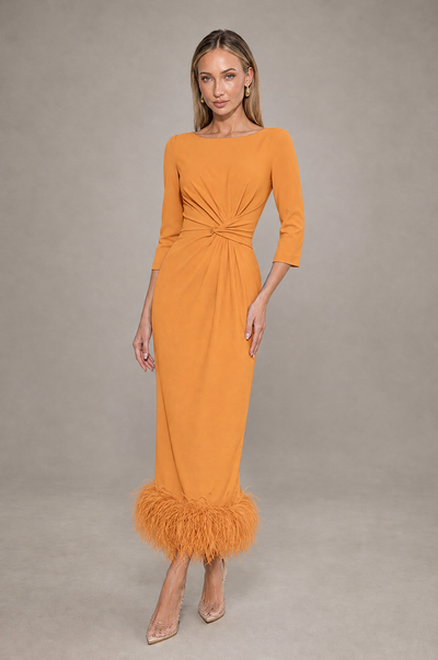 BOLODOO Orange Feather-Trim Twist-Waist Midi Dress - Orange - Orange_1