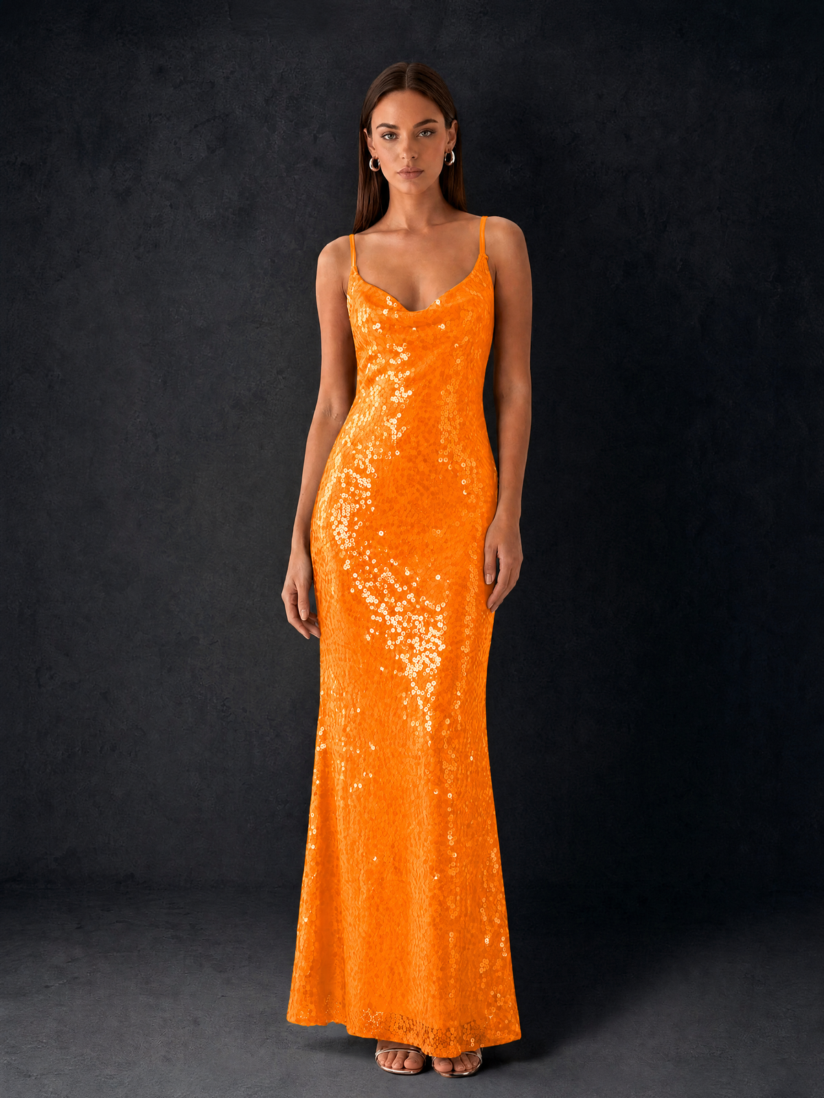 BOLODOO Bronze Sequin Cowl Neck Spaghetti Strap Mermaid Maxi Dress with Open Criss-Cross Back - Orange - Orange