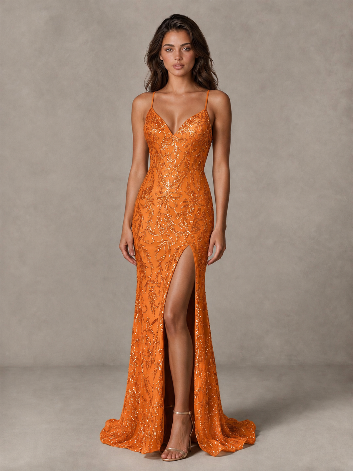 BOLODOO Orange Sequin Prom Dress with Lace-Up Back and High Slit - Orange - Orange_1