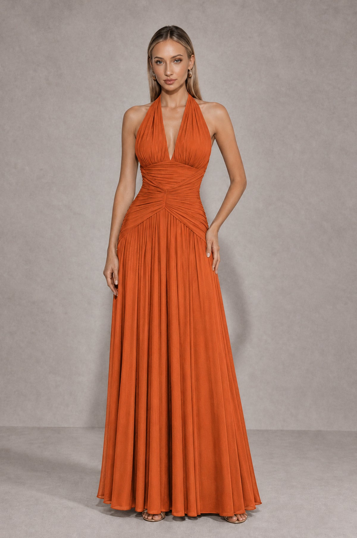 BOLODOO Orange Chiffon Halter Deep V-Neck Ruched A-Line Backless Maxi Dress with Train-BD0167 - Orange - Orange_1