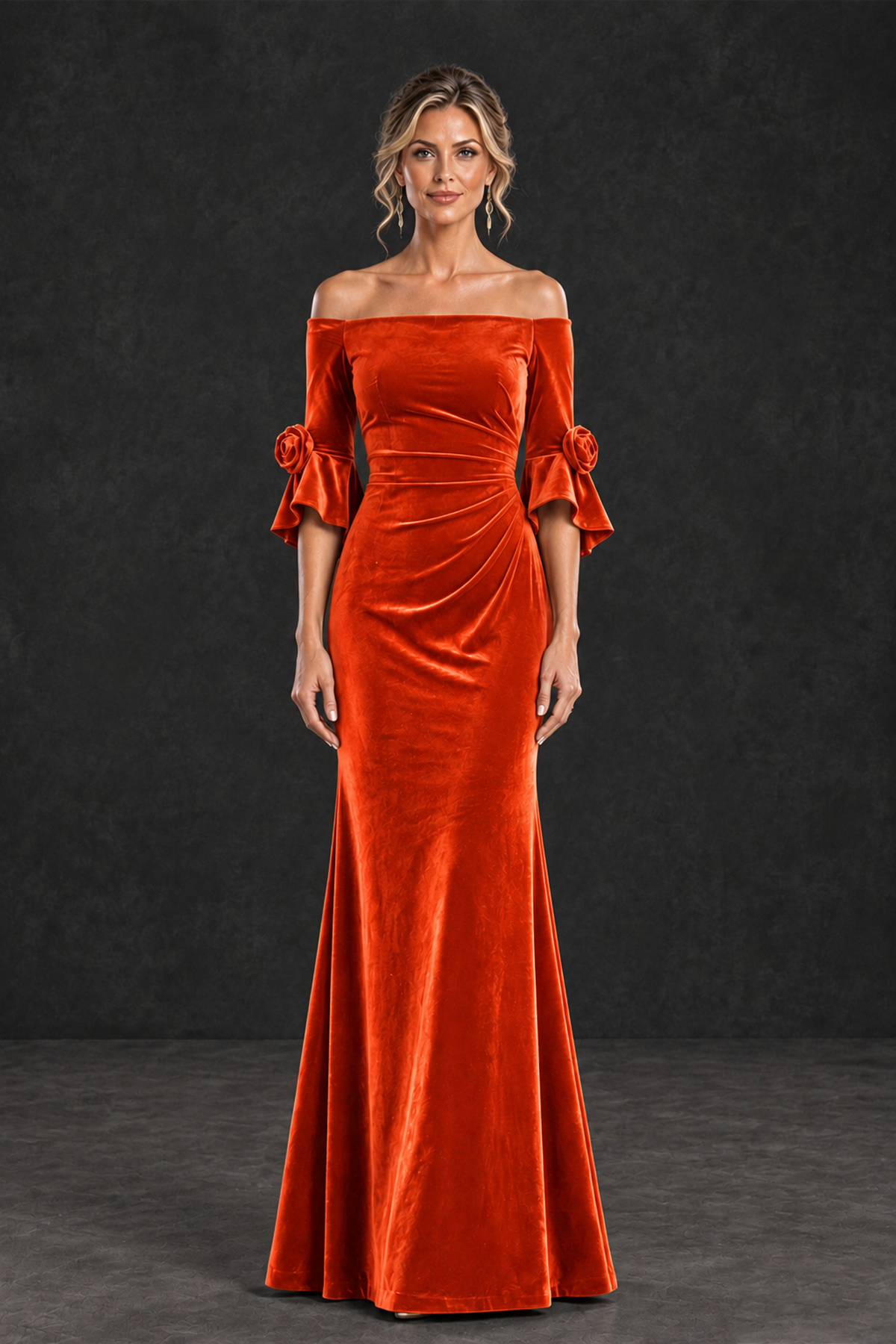 BOLODOO Orange Velvet Off-Shoulder Mother of the Bride Dress – 3/4 Floral Cuff Sleeve Mermaid Evening Gown - Orange - Orange_1