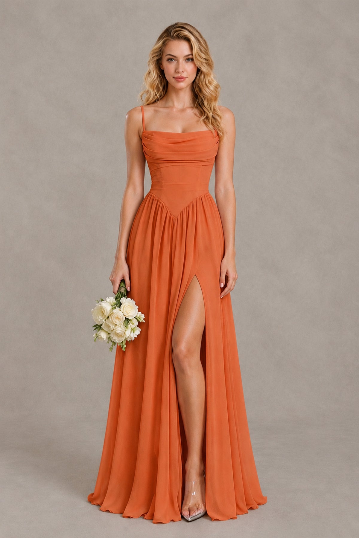 BOLODOO Orange Spaghetti Strap A-Line Bridesmaid Dress with Slit - Orange - Orange_1