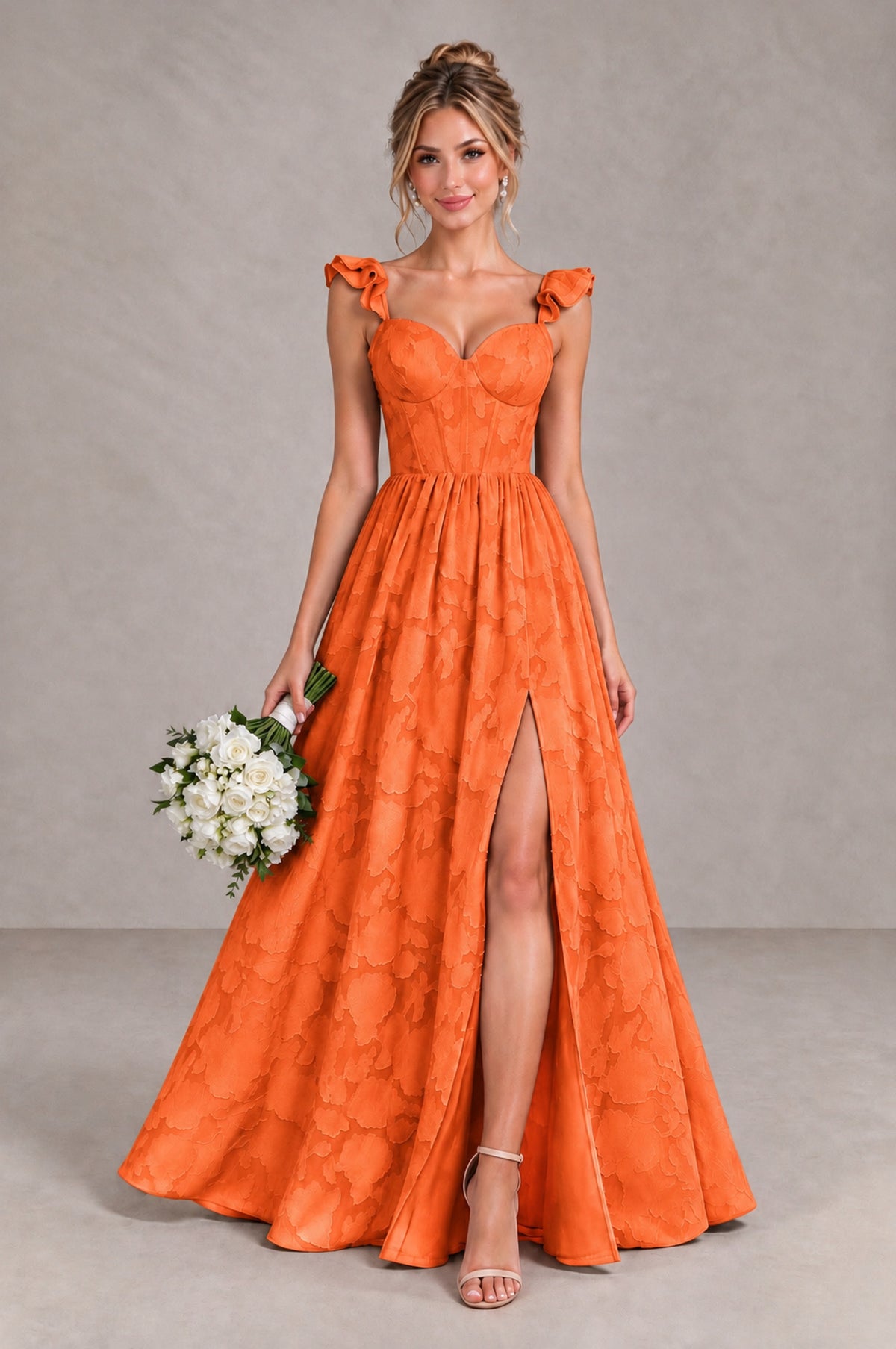 BOLODOO Orange Floral A-Line Bridesmaid Dress with Slit Ruffle Straps Maxi Gown - Orange - Orange_1