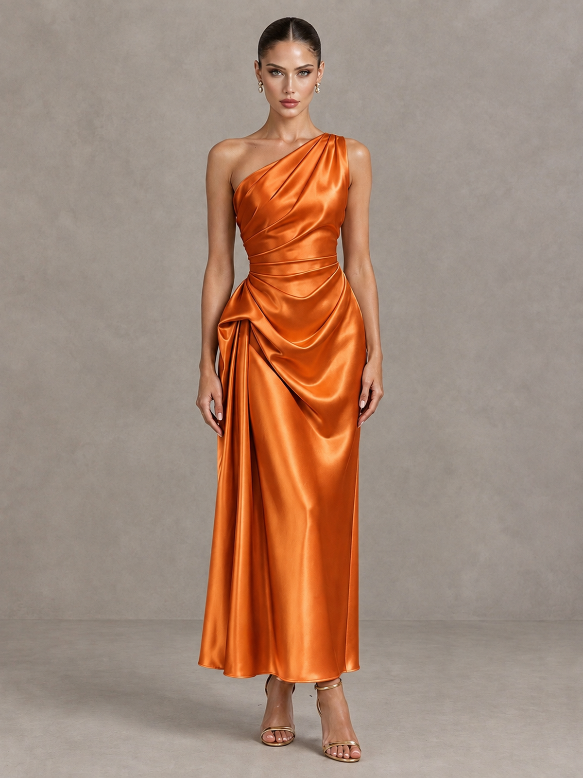 BOLODOO Orange One Shoulder Satin Cocktail Dress with Draped A-Line Skirt - Orange - Orange_1