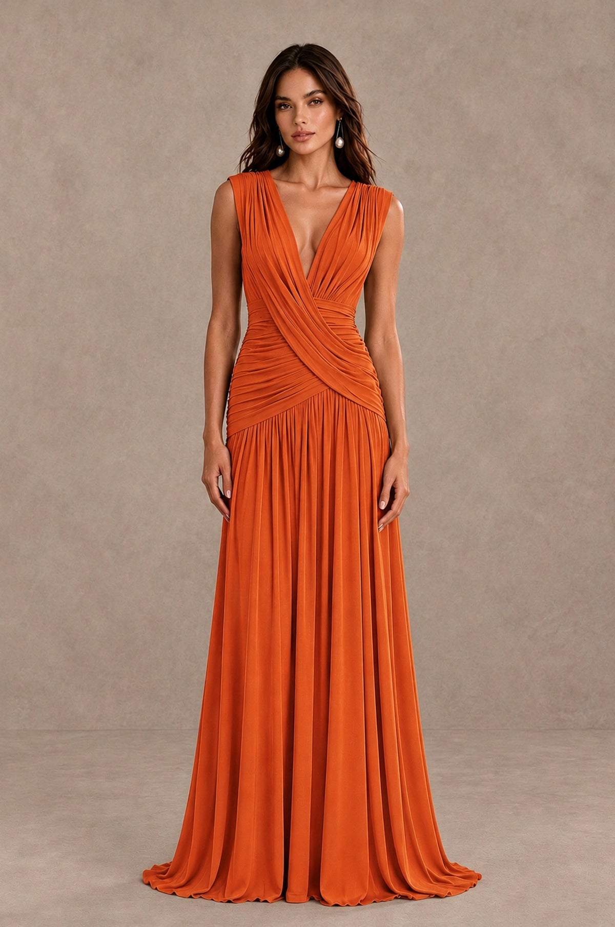 BOLODOO Orange V-Neck Ruched Wedding Guest Dress - Orange - Orange_1