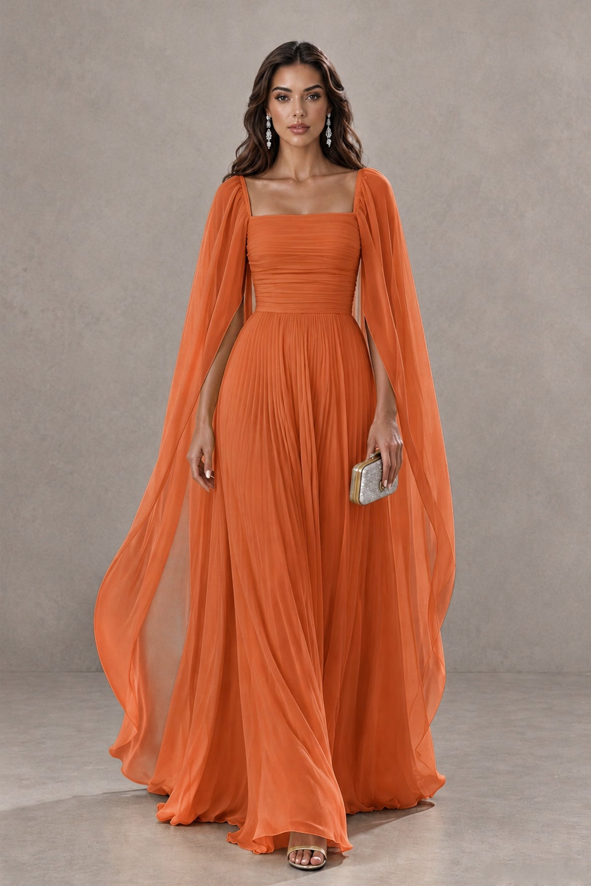 BOLODOO Orange Square Neck Cape Sleeve A-Line Evening Dress - Orange - Orange_1