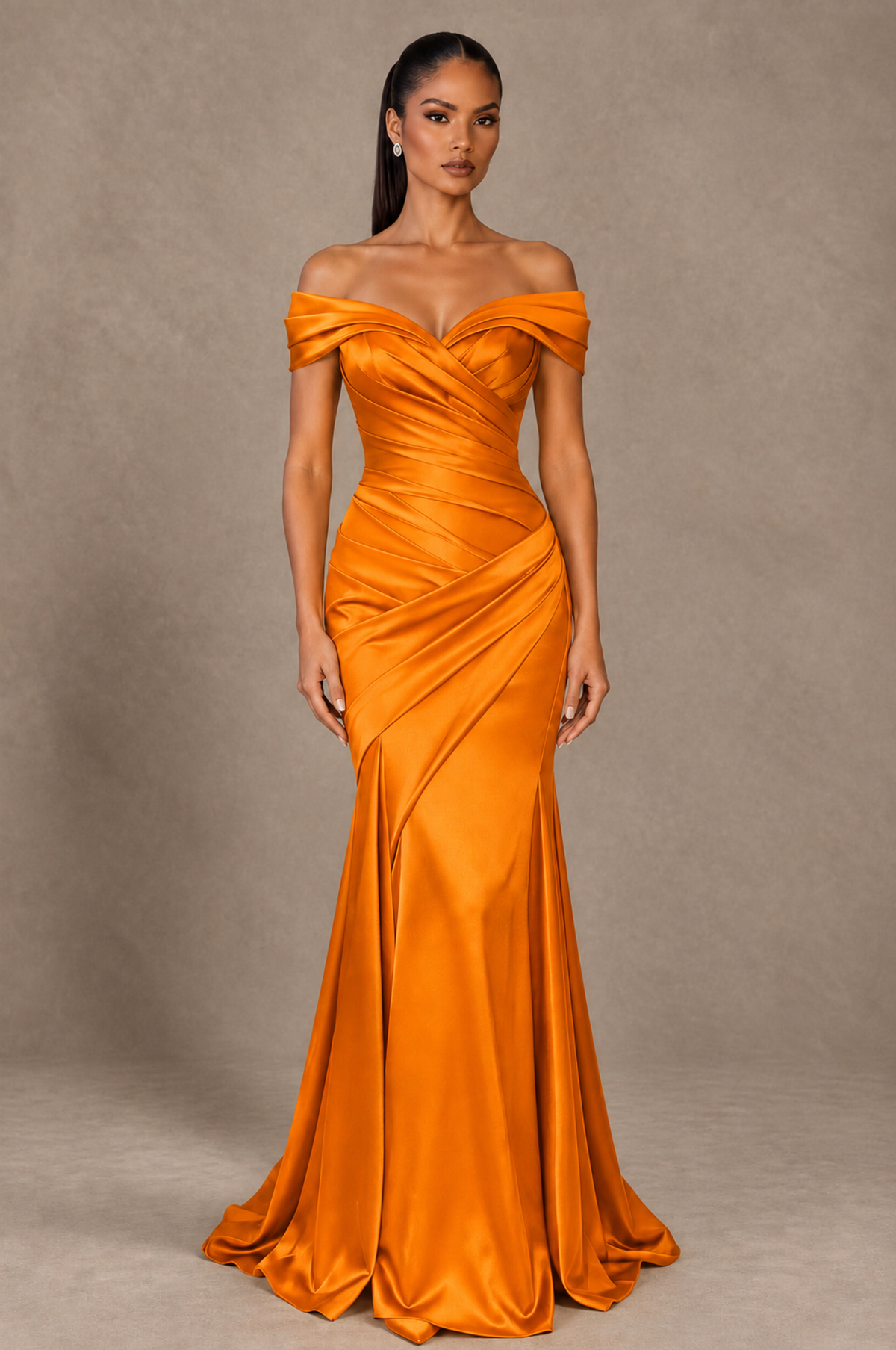 BOLODOO Orange Off-the-Shoulder Ruched Satin Mermaid Evening Dress - Orange - Orange_1