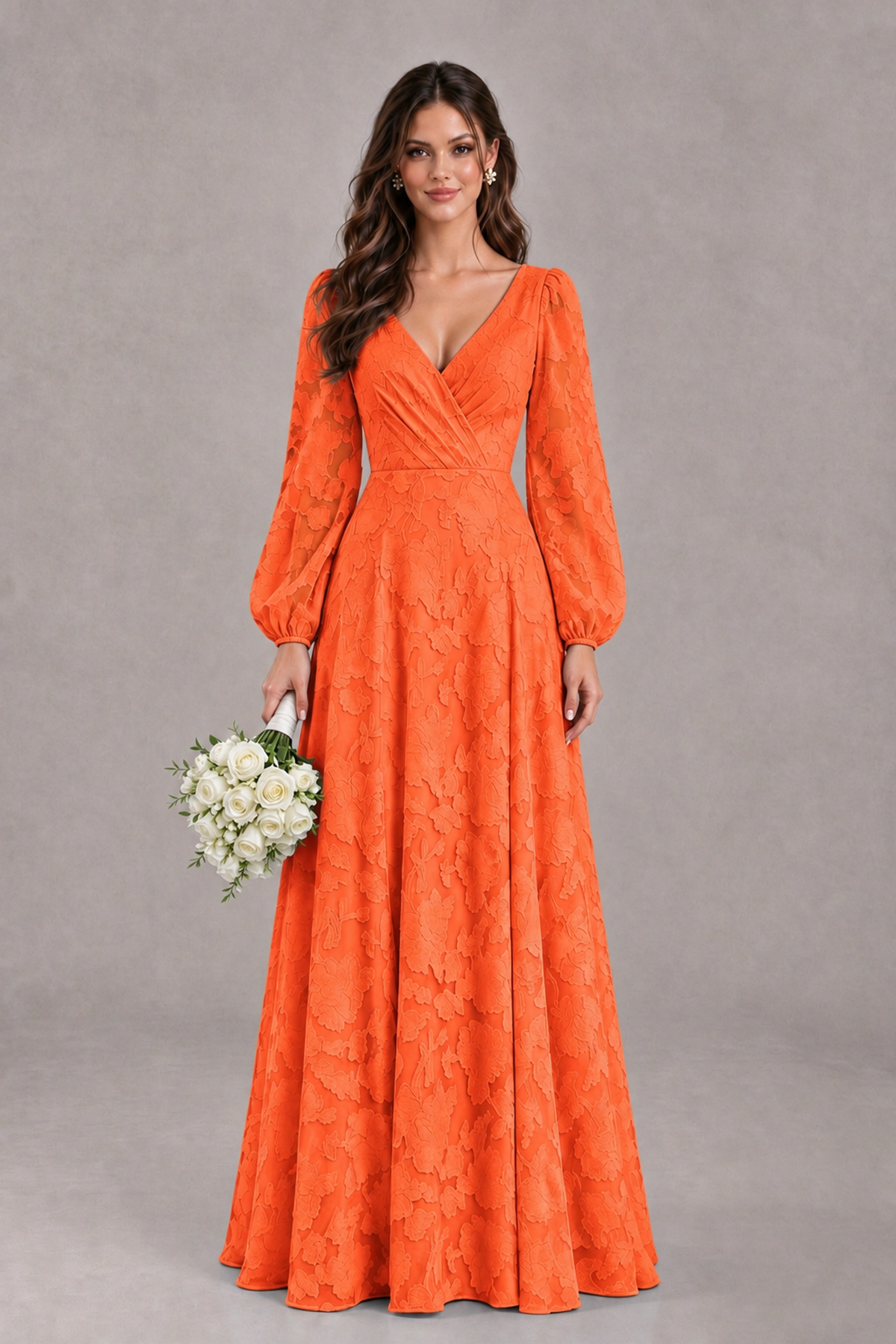 BOLODOO Orange Long Sleeve V-Neck A-Line Mother of the Bride Dress - Orange - Orange_1