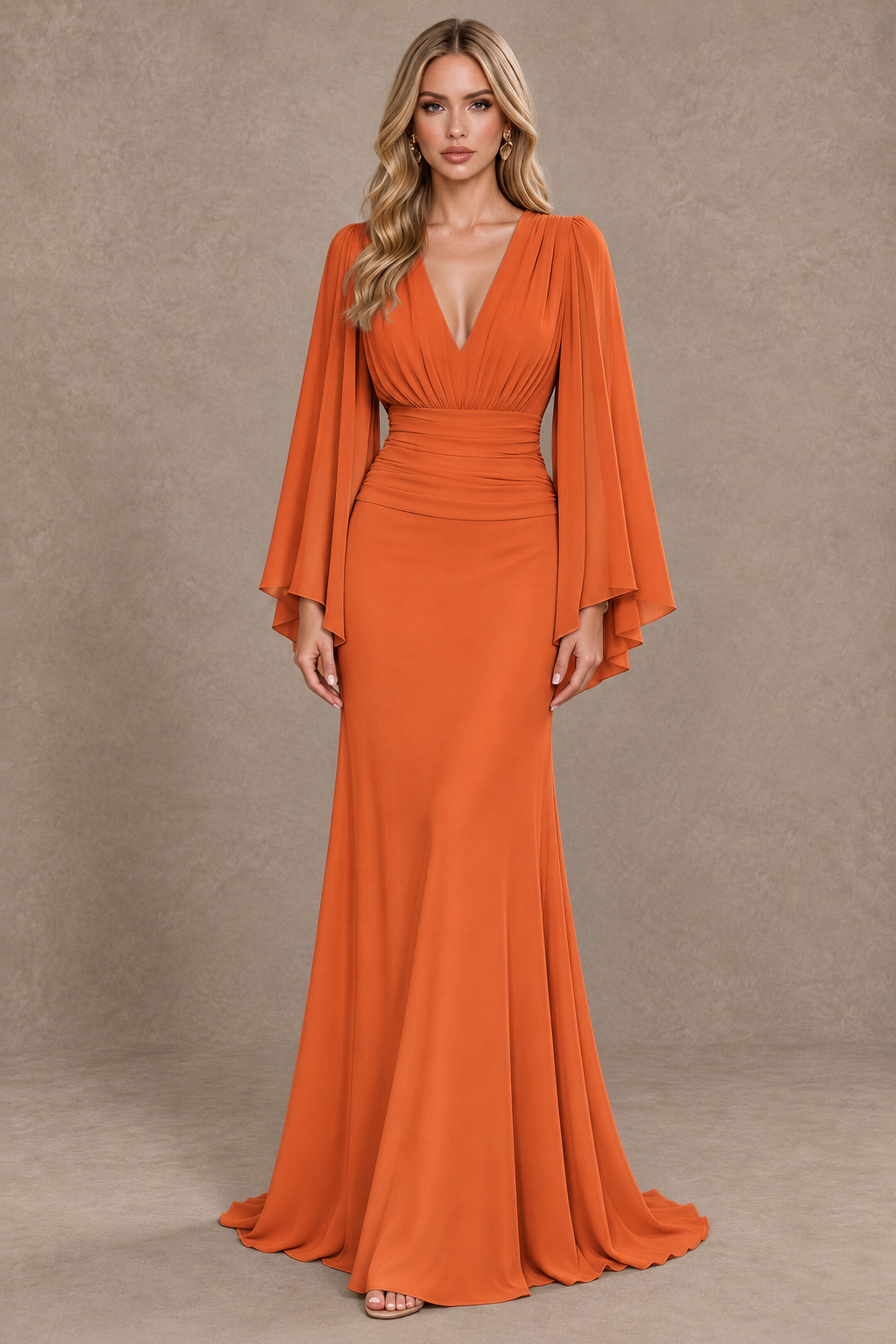 BOLODOO Orange Cape Sleeve V-Neck Ruched Chiffon Evening Dress - Orange - Orange_1