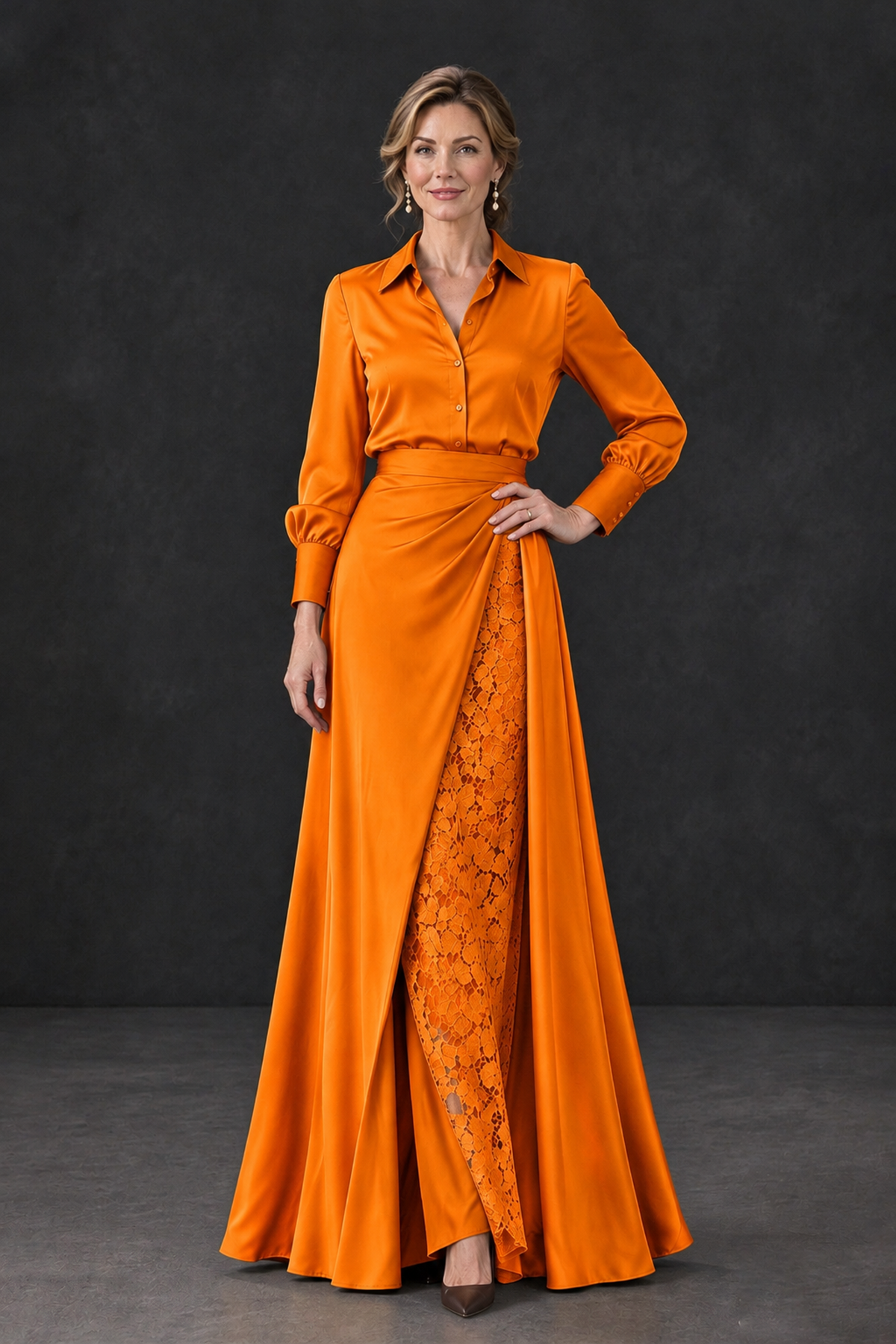 BOLODOO Orange Long Sleeve Satin-Look Lace Panel Gown - Orange - Orange_1