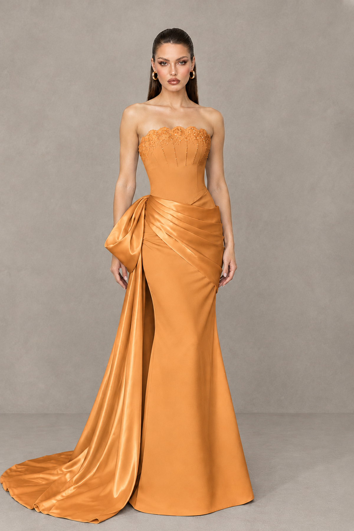 BOLODOO Orange Strapless Satin Prom Dress with Draped Side Train - Orange - Orange_1