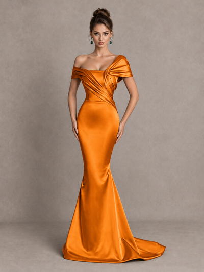 BOLODOO Orange Off-Shoulder Satin Mermaid Prom Dress - Orange - Orange_1