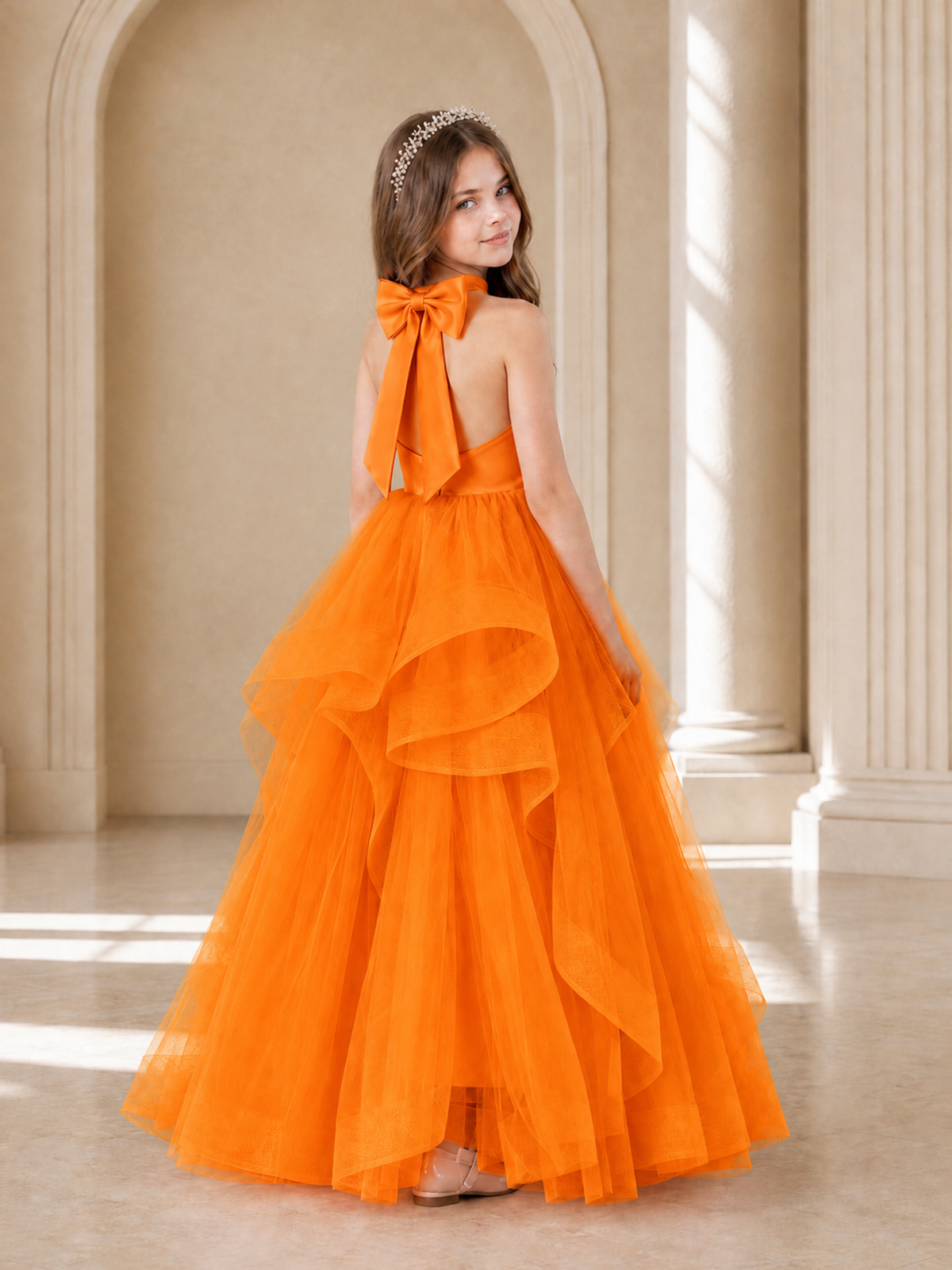 BOLODOO Orange Halter Tiered Tulle Flower Girl Dress with Bow Back - Orange - Orange_1