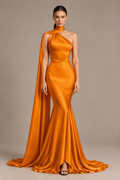 BOLODOO Orange One-Shoulder Satin Mermaid Evening Dress with Scarf - Orange - Orange_1