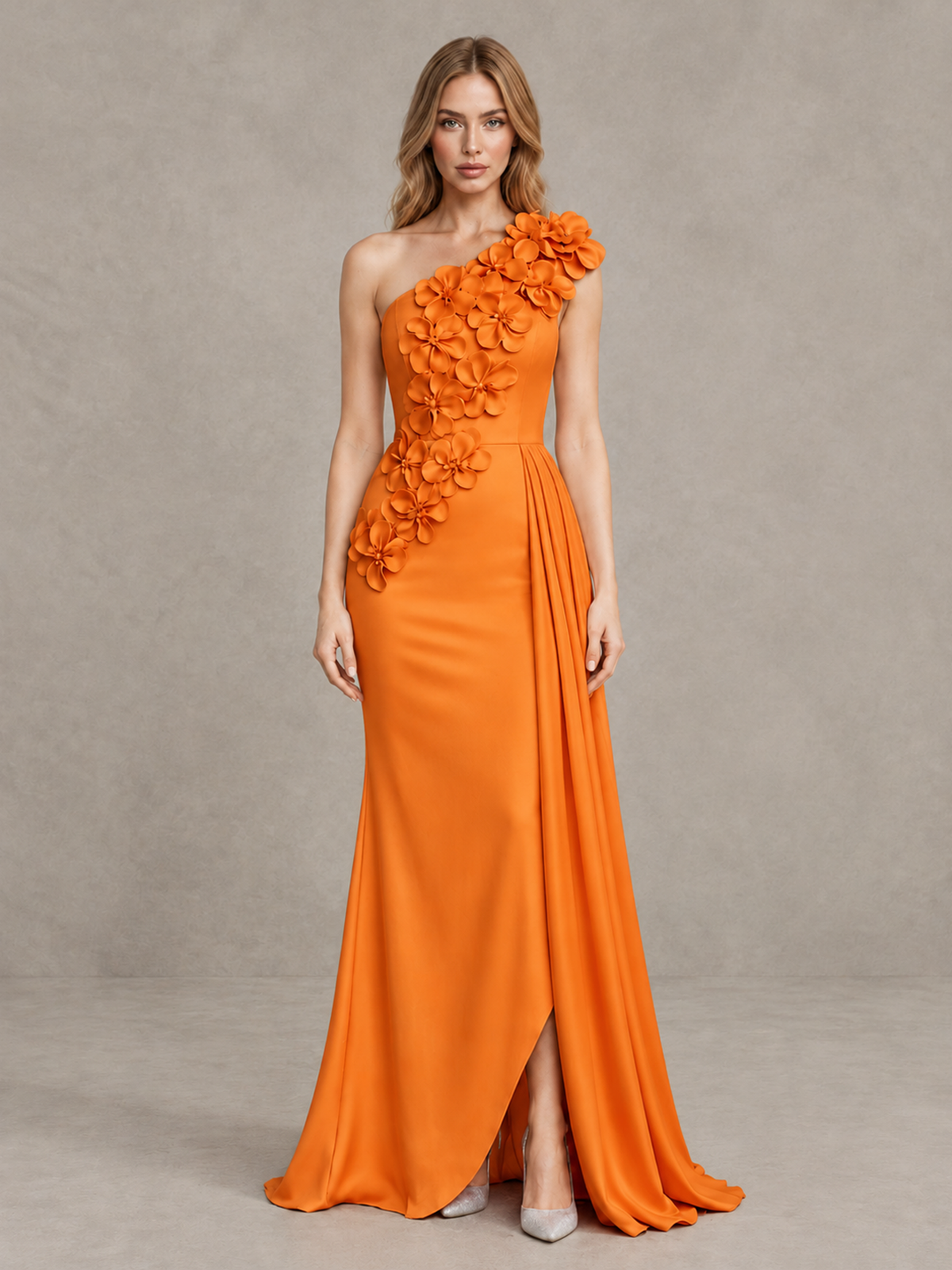BOLODOO Orange One-Shoulder Satin Mermaid Evening Gown with 3D Floral Appliqué - Orange - Orange_1