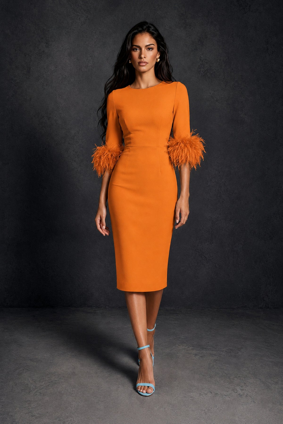 BOLODOO Orange Ostrich Feather Cuff 3/4 Sleeve Round Neck Bodycon Midi Dress with Back Slit - Orange