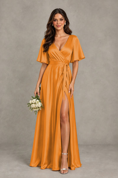 BOLODOO Orange Satin V-Neck Flutter Sleeve Bridesmaid Dress with Slit - Orange - Orange(1)