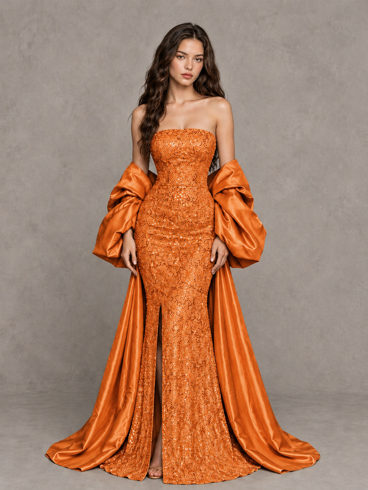 BOLODOO Orange Strapless Sparkle Mermaid Prom Dress with Front Slit and Draped Sleeves - Orange - Orange_1