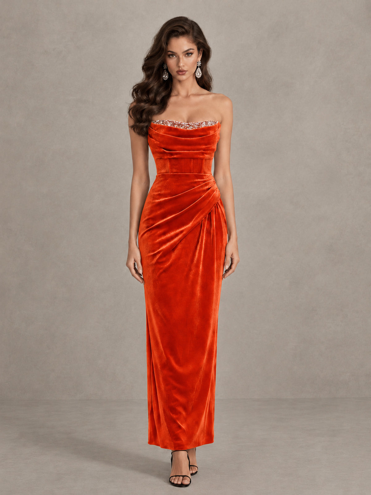 BOLODOO Orange Strapless Velvet Cocktail Maxi Dress - Orange - Orange_1