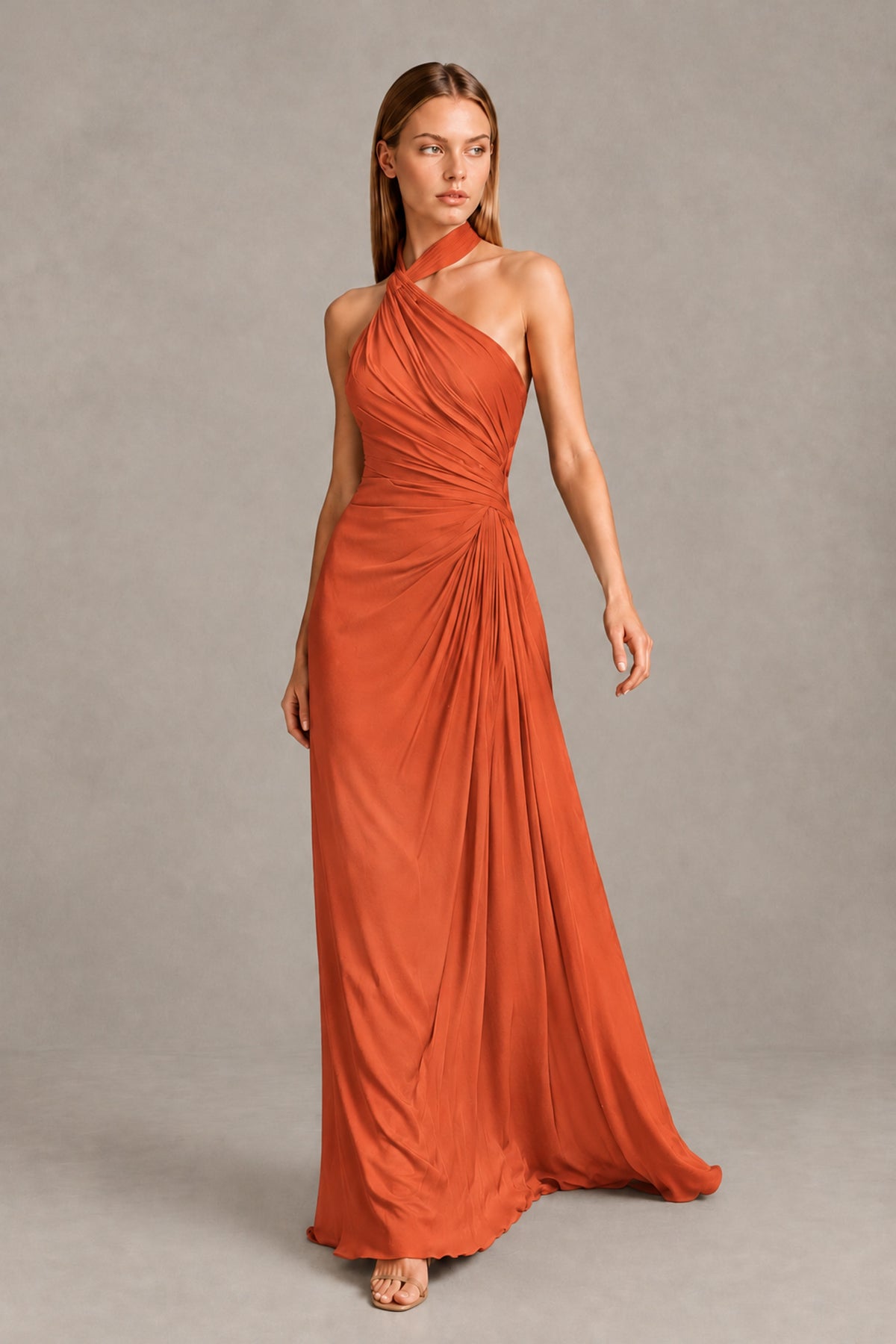 BOLODOO Orange Twisted Halter Neck Ruched Sleeveless Open Back Floor-Length Gown - Orange - Orange_1