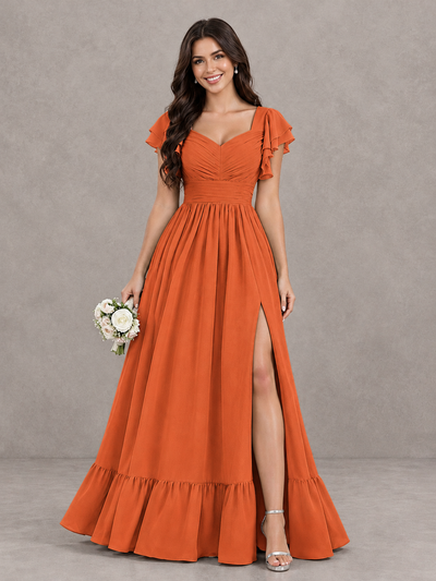 BOLODOO Orange Flutter Sleeve Bridesmaid Dress with Slit - Orange - Orange_1