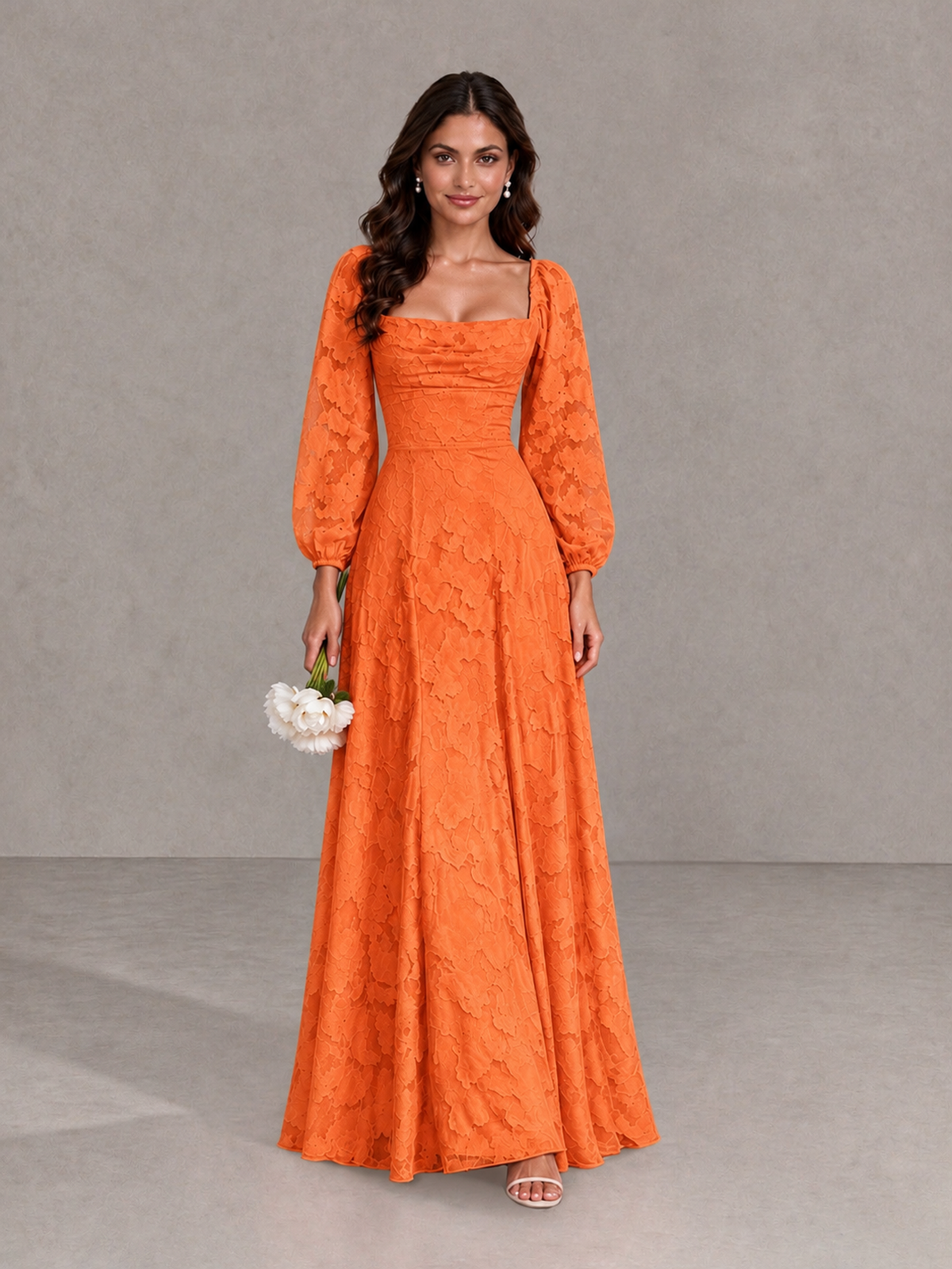 BOLODOO Orange Floral Long Sleeve A-Line Bridesmaid Dress - Orange - Orange_1
