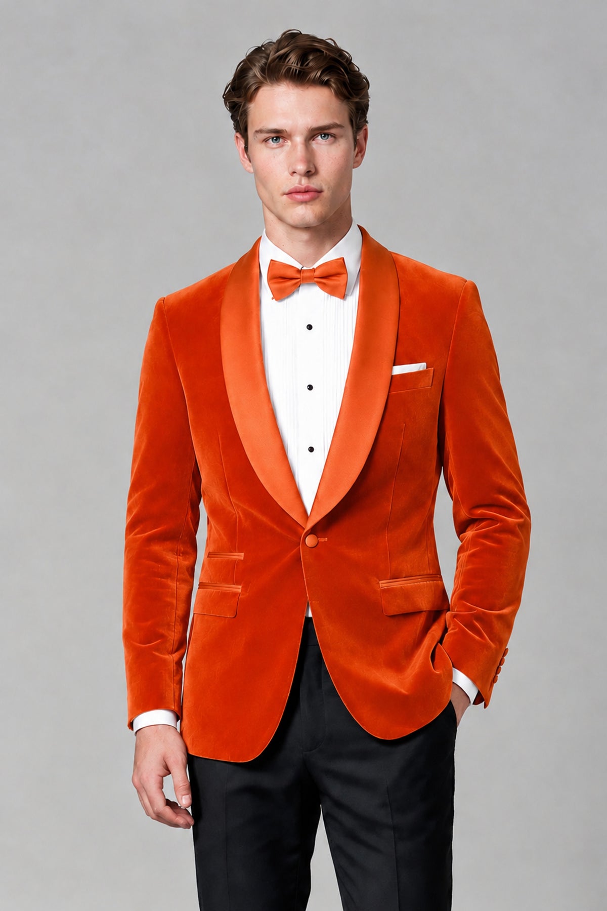 BOLODOO Men's Orange Velvet Blazer | Shawl Lapel Tuxedo Jacket - Orange - Orange_1