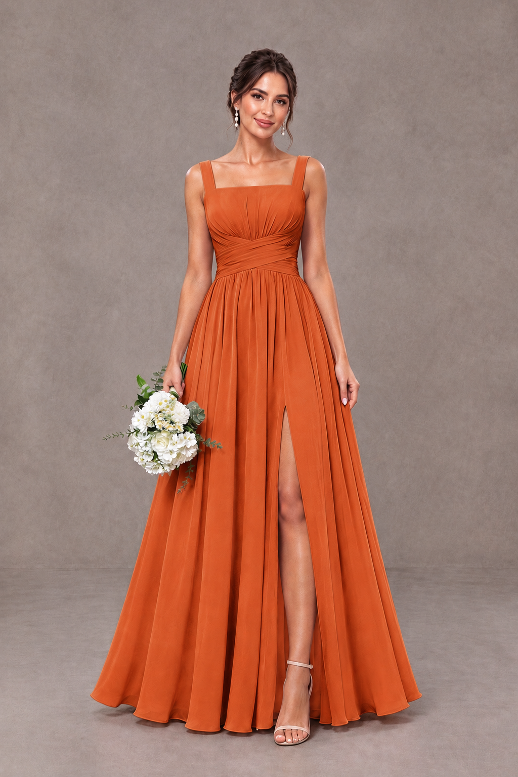 BOLODOO Orange Square Neck A-Line Bridesmaid Dress with Slit - Orange - Orange_1