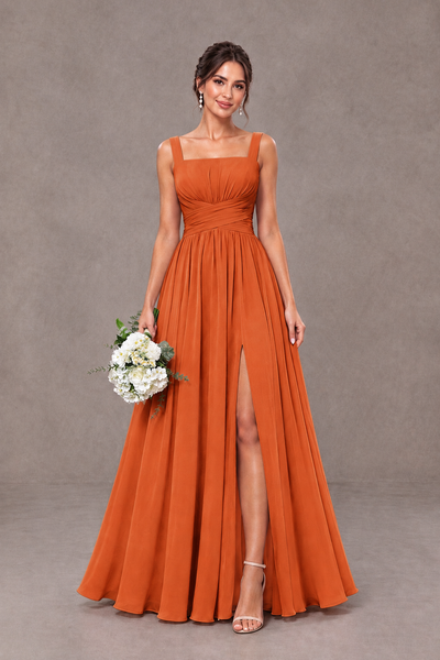 BOLODOO Orange Square Neck A-Line Bridesmaid Dress with Slit - Orange - Orange_1