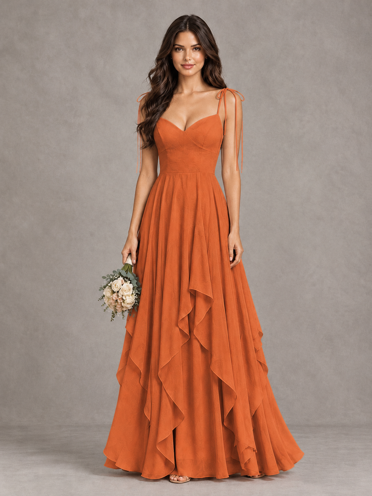 BOLODOO Orange Tie-Strap Ruffle A-Line Bridesmaid Dress - Orange - Orange_1