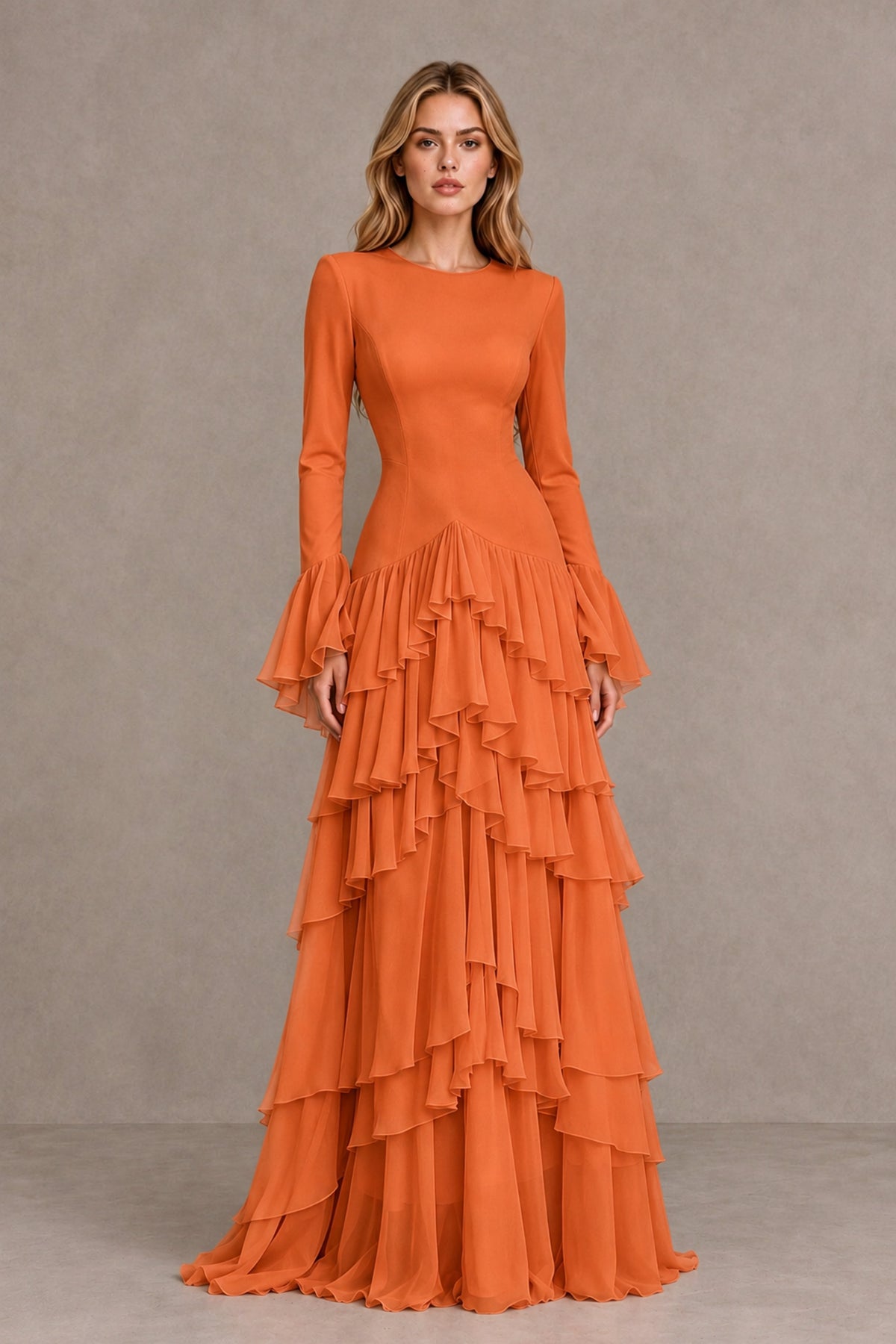 Orange Long Sleeve Tiered Ruffle Evening Gown - Orange - Orange_1