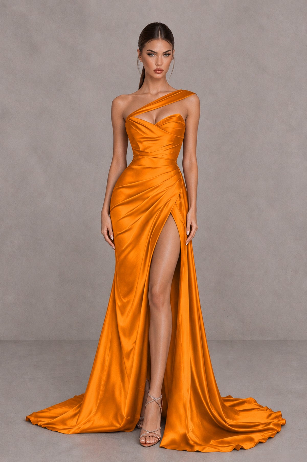BOLODOO Orange One Shoulder Satin Mermaid Evening Dress with Ruched Slit Skirt - Orange - Orange_1