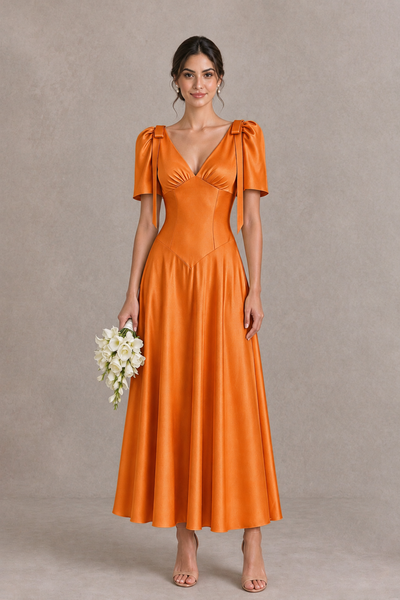 BOLODOO Orange V-Neck Short Sleeve Satin-Look Bridesmaid Dress with Shoulder Bows - Orange - Orange_1