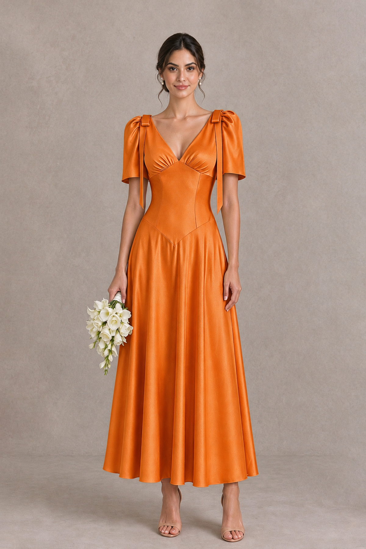 BOLODOO Orange V-Neck Short Sleeve Satin-Look Bridesmaid Dress with Shoulder Bows - Orange - Orange_1