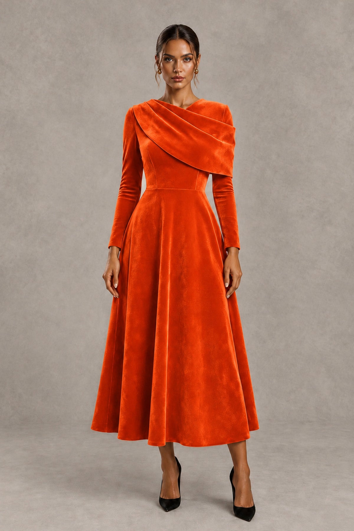 BOLODOO Orange Velvet-Look Long Sleeve Tea-Length A-Line Dress with Draped Neckline - Orange - Orange_1