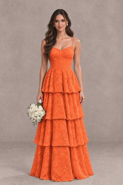 BOLODOO Orange Tiered Floral-Textured Spaghetti Strap Maxi Dress - Orange - Orange_1