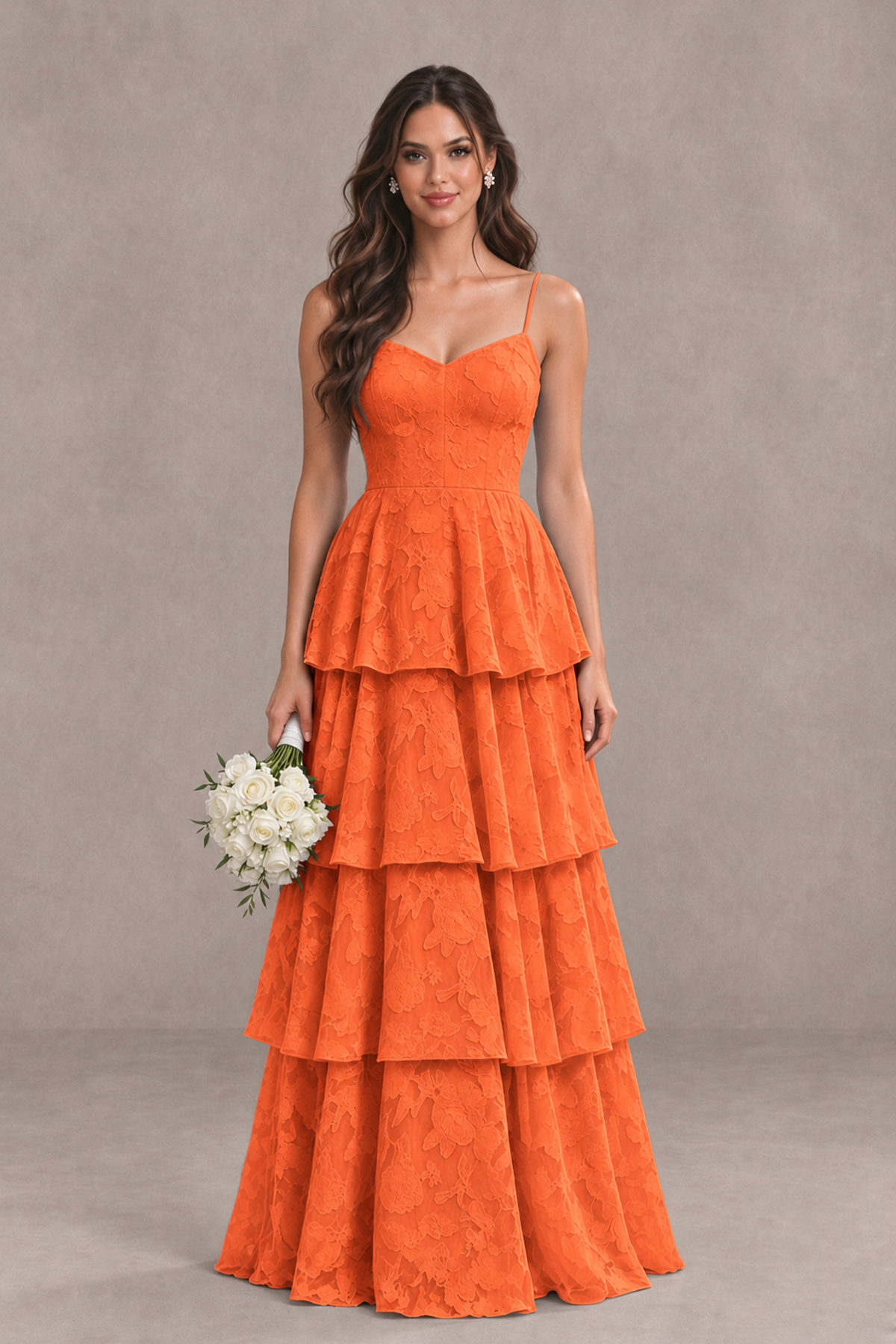 BOLODOO Orange Tiered Floral-Textured Spaghetti Strap Maxi Dress - Orange - Orange_1